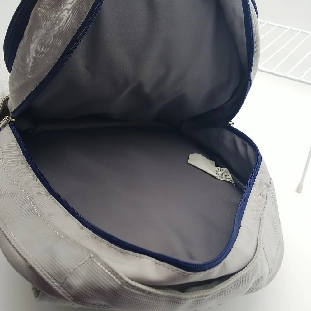 Pottery Barn Kids Fairfax Gray/White Stripe Navy Trim Small Backpack rLm